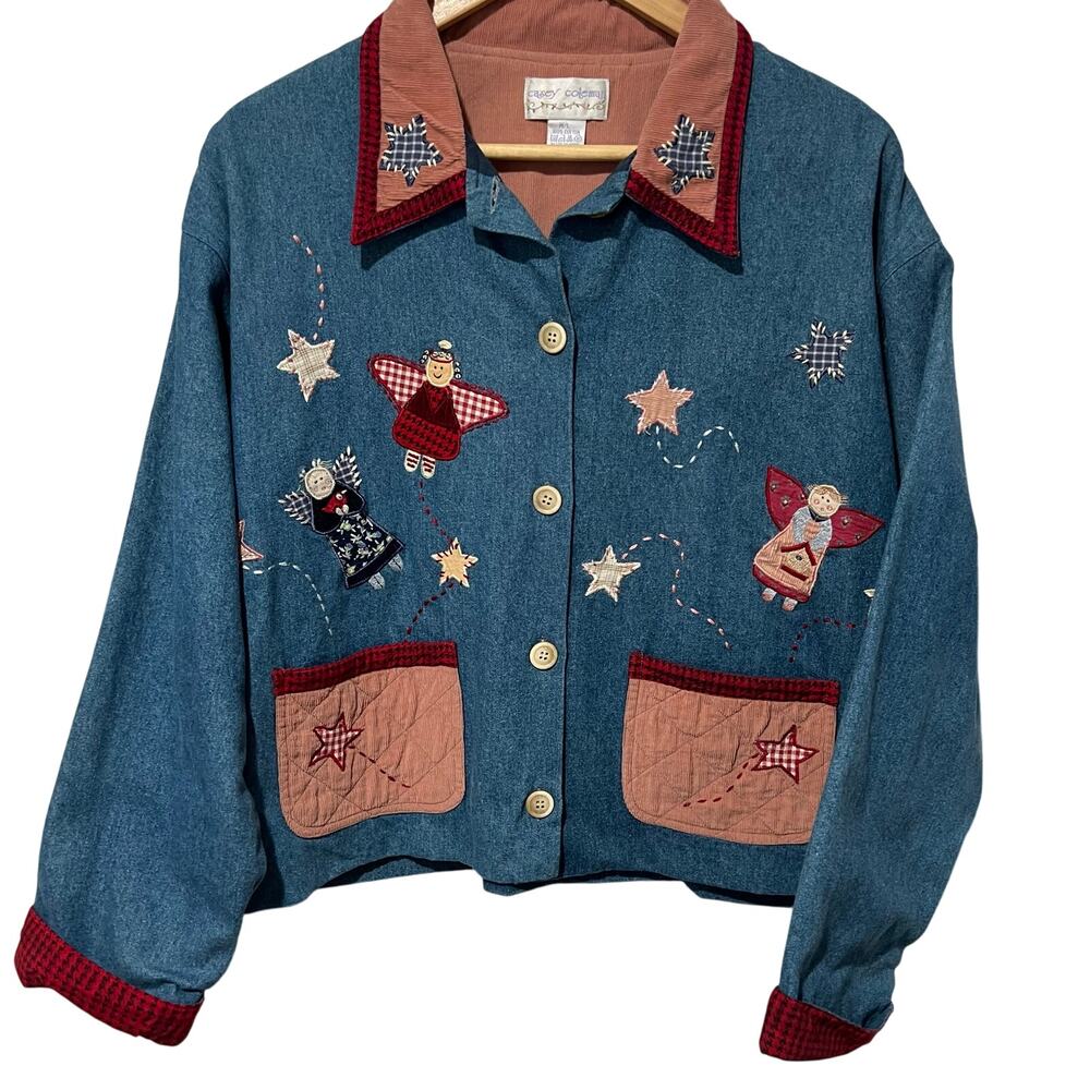 Vintage Casey Coleman Denim Embroidery Angels Lined Shacket M/L Corduroy Pockets